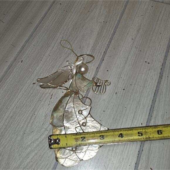 Vtg Capiz Shell Brass Wire & Pearl Angel Playing Harp Ornament Christmas Holiday - Picture 6 of 6
